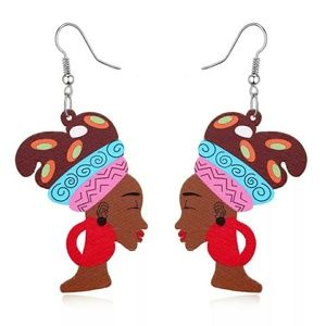African Headwrap Crown Wooden Painted Earrings